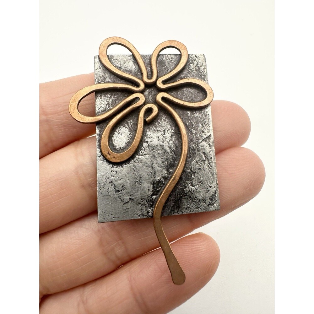 Artisan Handcrafted Signed Mixed Metal Copper Floral Pin Brooch